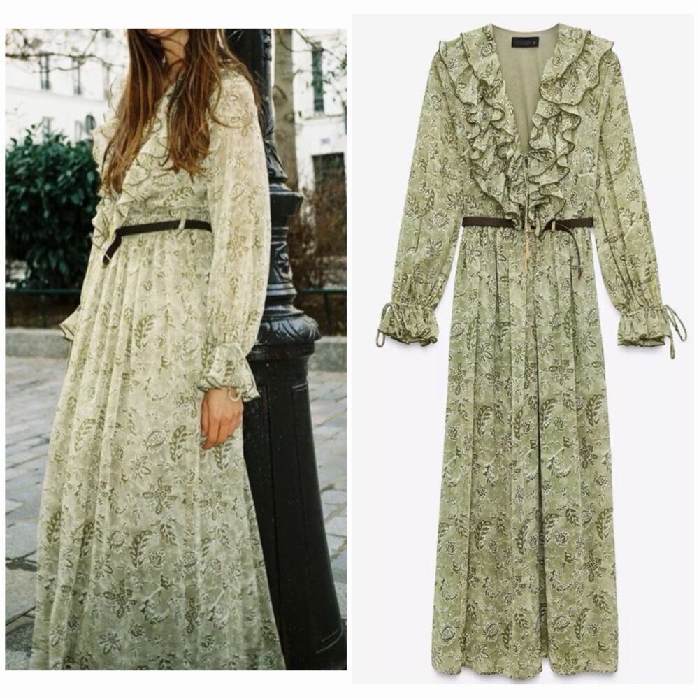 Zara Floral Ruffle Midi Dress XS Sage Green Long Sleeve Boho Romantic NWOT